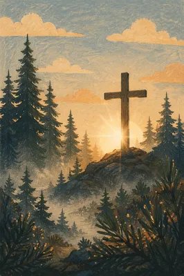 Wooden Cross at Evergreen Sunrise