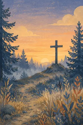 Wooden Cross at Evergreen Sunrise