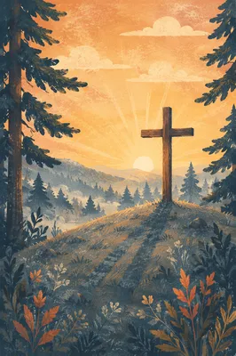 Wooden Cross at Evergreen Sunrise