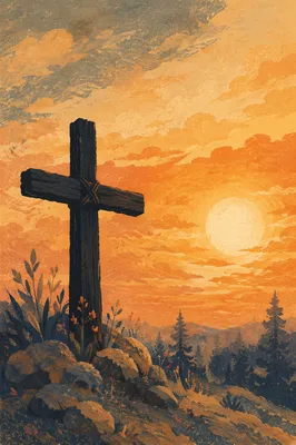 Rustic Wooden Cross at Golden Sunrise
