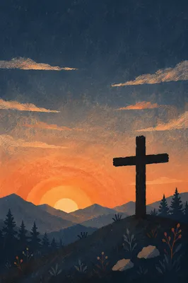 Wooden Cross Silhouette at Evergreen Sunrise