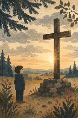 Wooden Cross Silhouette at Evergreen Sunrise