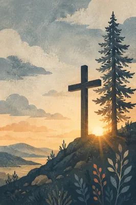 Wooden Cross Sunrise With Evergreen Silhouette