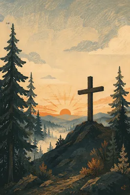 Wooden Cross at Evergreen Sunrise