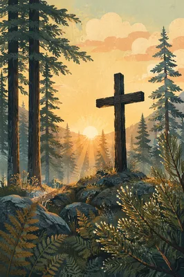 Wooden Cross at Evergreen Sunrise