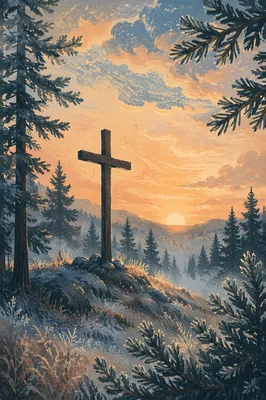 Wooden Cross Silhouette at Evergreen Sunrise