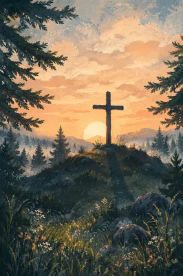 Wooden Cross Silhouette at Evergreen Sunrise