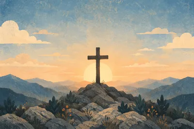 Wooden Cross Silhouette at Mountain Sunrise
