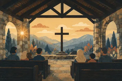 Wooden Cross Sunrise in Mountain Chapel