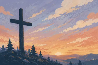 Wooden Cross Silhouette at Evergreen Sunrise