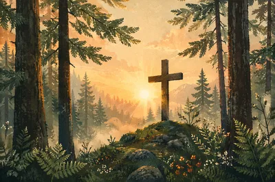 Wooden Cross Silhouette at Evergreen Sunrise