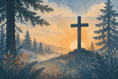 Wooden Cross at Evergreen Sunrise