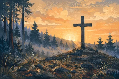 Wooden Cross at Evergreen Sunrise