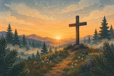 Wooden Cross at Evergreen Sunrise