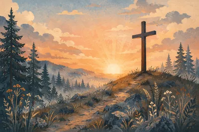 Wooden Cross Sunrise Over Evergreen Hills