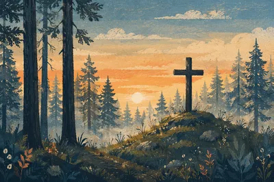 Wooden Cross at Evergreen Sunrise