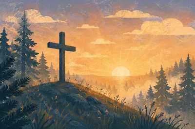 Wooden Cross Sunrise Over Evergreen Forest