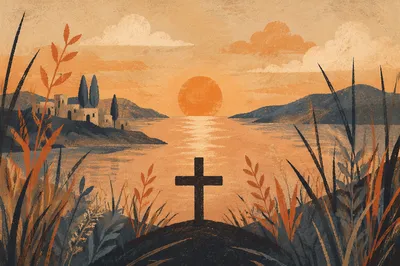 Rustic Wooden Cross at Lakeside Sunrise