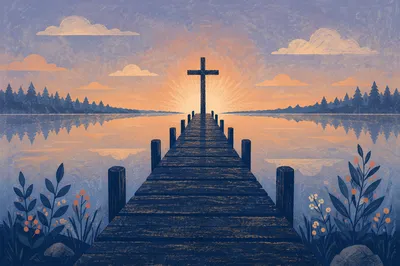 Wooden Cross Sunrise Over Calm Lake