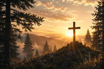 Wooden Cross Silhouette at Evergreen Sunrise