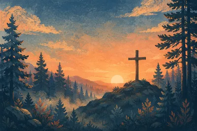 Wooden Cross Silhouette at Evergreen Sunrise