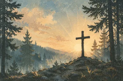 Wooden Cross at Evergreen Sunrise