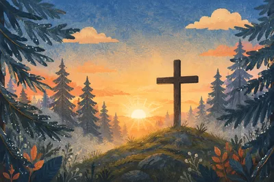 Wooden Cross at Evergreen Sunrise