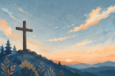 Wooden Cross Silhouette at Evergreen Sunrise