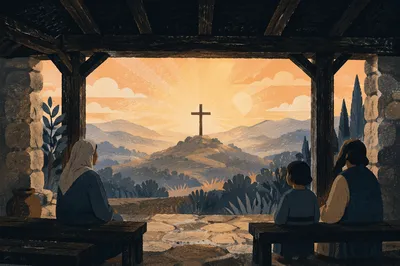 Wooden Cross Silhouette at Mountain Sunrise