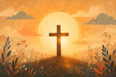 Wooden Cross Silhouette at Sunrise Meadow