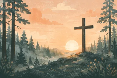 Wooden Cross at Evergreen Sunrise