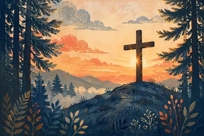 Wooden Cross Silhouette at Evergreen Sunrise