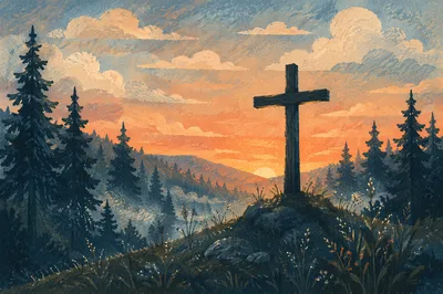 Wooden Cross at Evergreen Sunrise