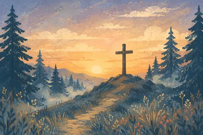 Wooden Cross at Evergreen Sunrise