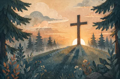 Wooden Cross at Evergreen Sunrise