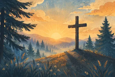Wooden Cross at Evergreen Sunrise