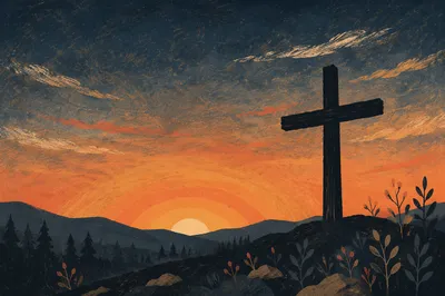 Wooden Cross Silhouette at Evergreen Sunrise