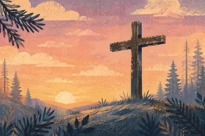 Wooden Cross Silhouette at Evergreen Sunrise