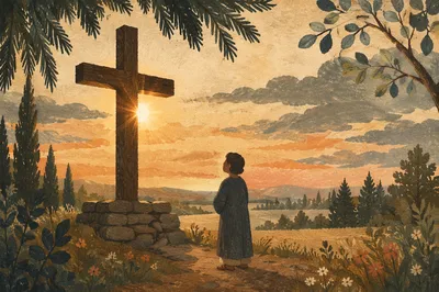 Wooden Cross Silhouette at Evergreen Sunrise