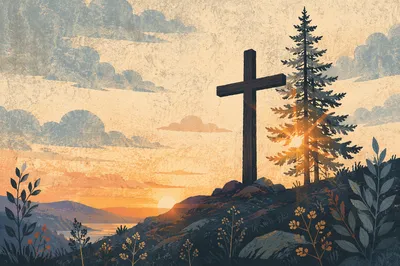 Wooden Cross Sunrise with Evergreen Silhouette