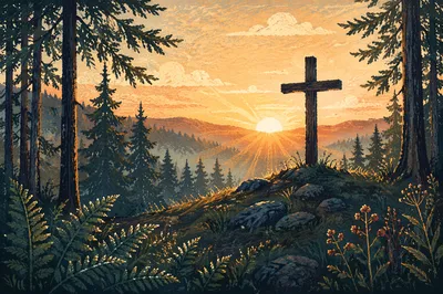 Wooden Cross Sunrise Among Evergreen Pines
