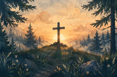 Wooden Cross at Evergreen Sunrise