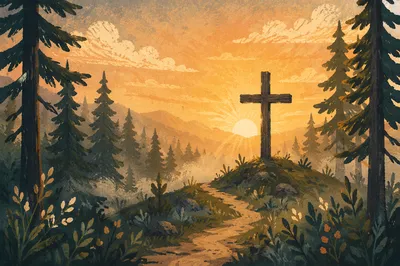 Wooden Cross at Evergreen Sunrise