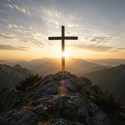 Wooden Cross Sunrise on Mountain Ridge