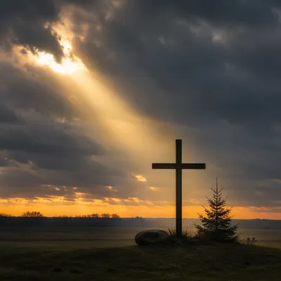 Wooden Cross Silhouette at Hopeful Sunrise