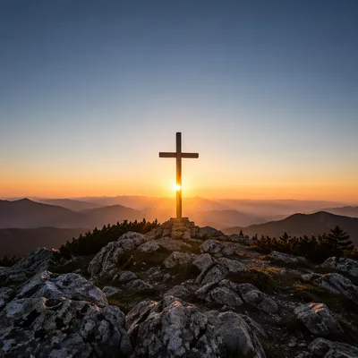 Wooden Cross Silhouette at Mountain Sunrise