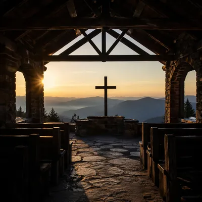 Wooden Cross Silhouette at Mountain Sunrise