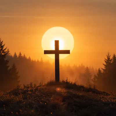Wooden Cross Silhouette at Golden Sunrise