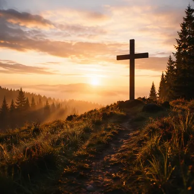 Wooden Cross at Evergreen Sunrise