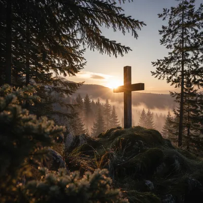 Wooden Cross at Evergreen Sunrise